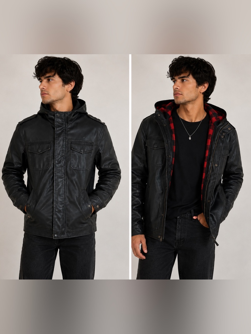 Los Angeles Heritage 1981 Men’s M Black Faux Leather Jacket Red Plaid Lined